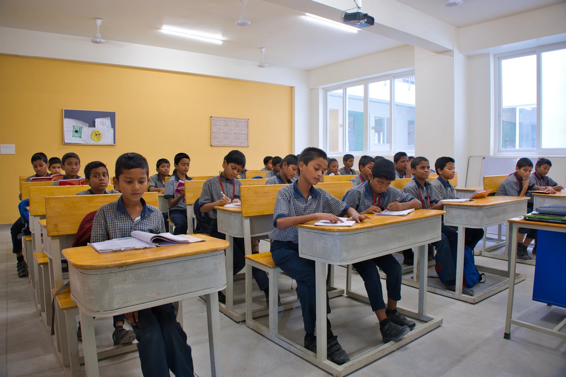 Students learning independently in a bright classroom in Chennai
