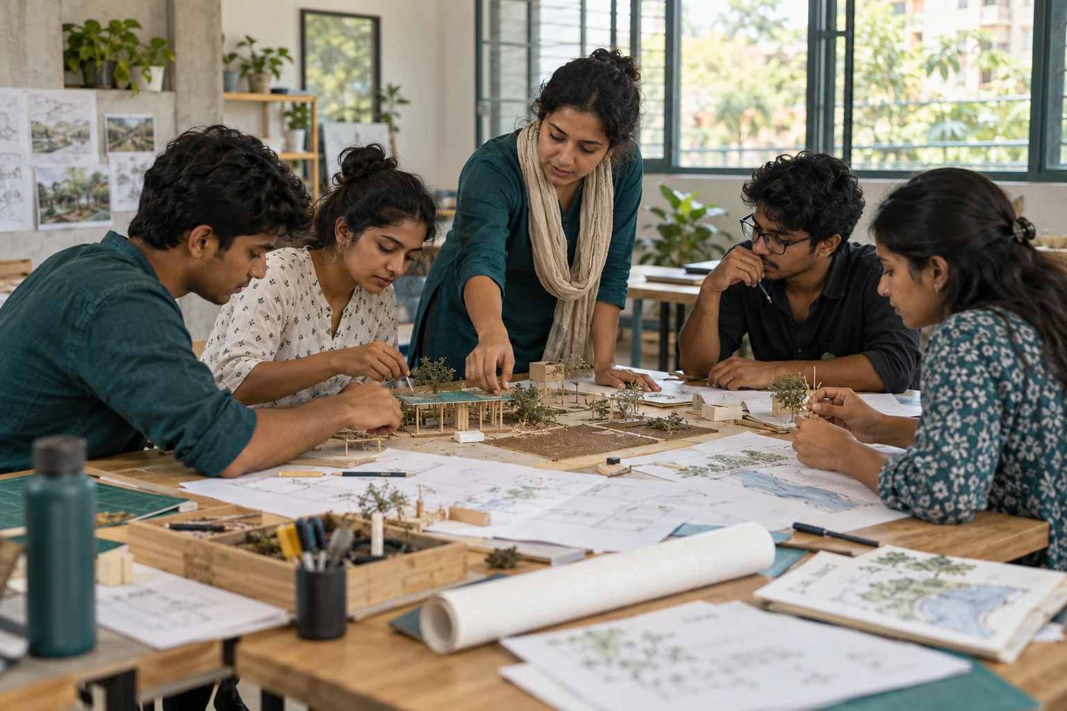 Young adults collaborating around a model in a learning workshop